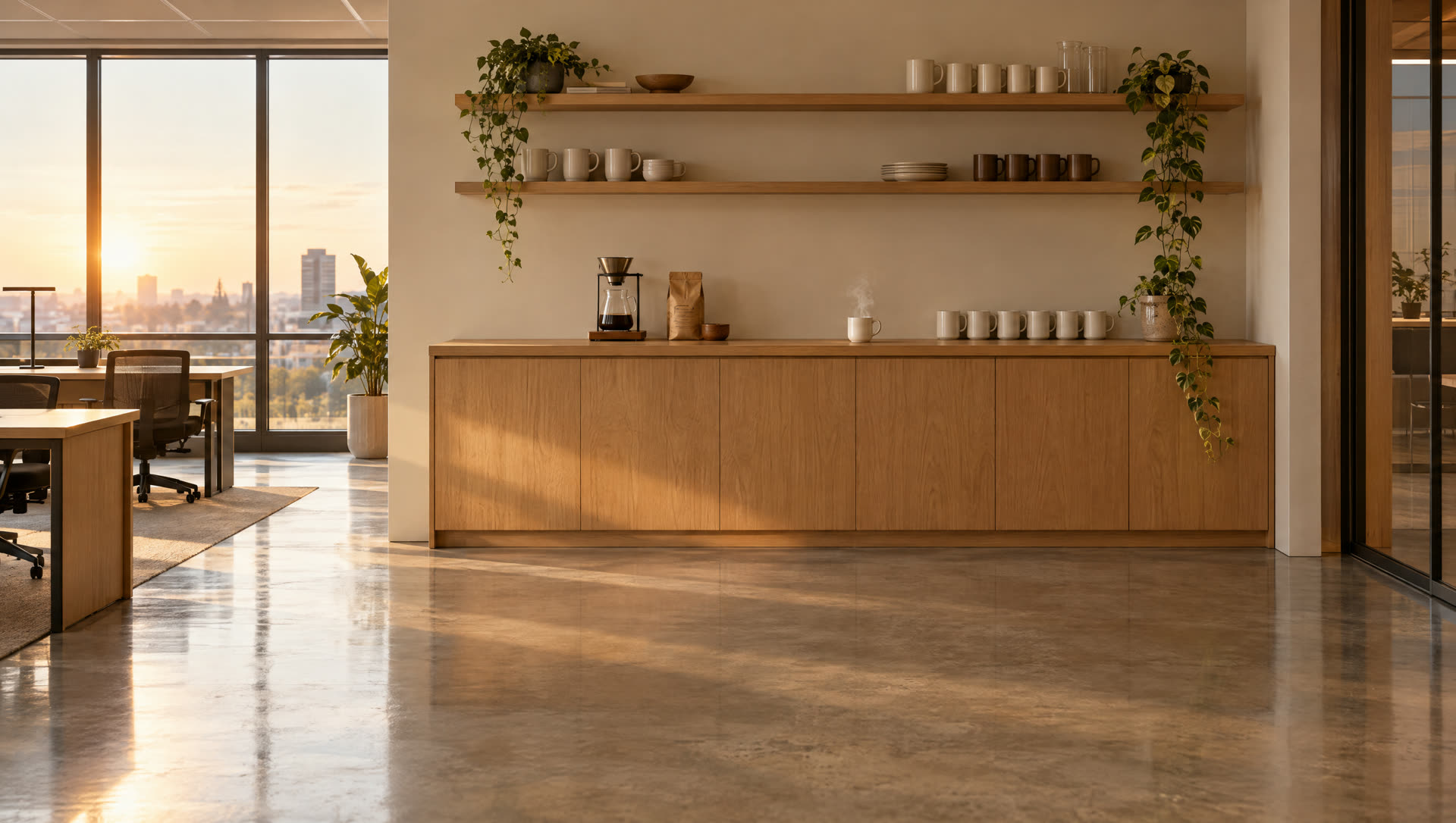 An empty office kitchen at sunrise with one fresh cup of coffee on the counter