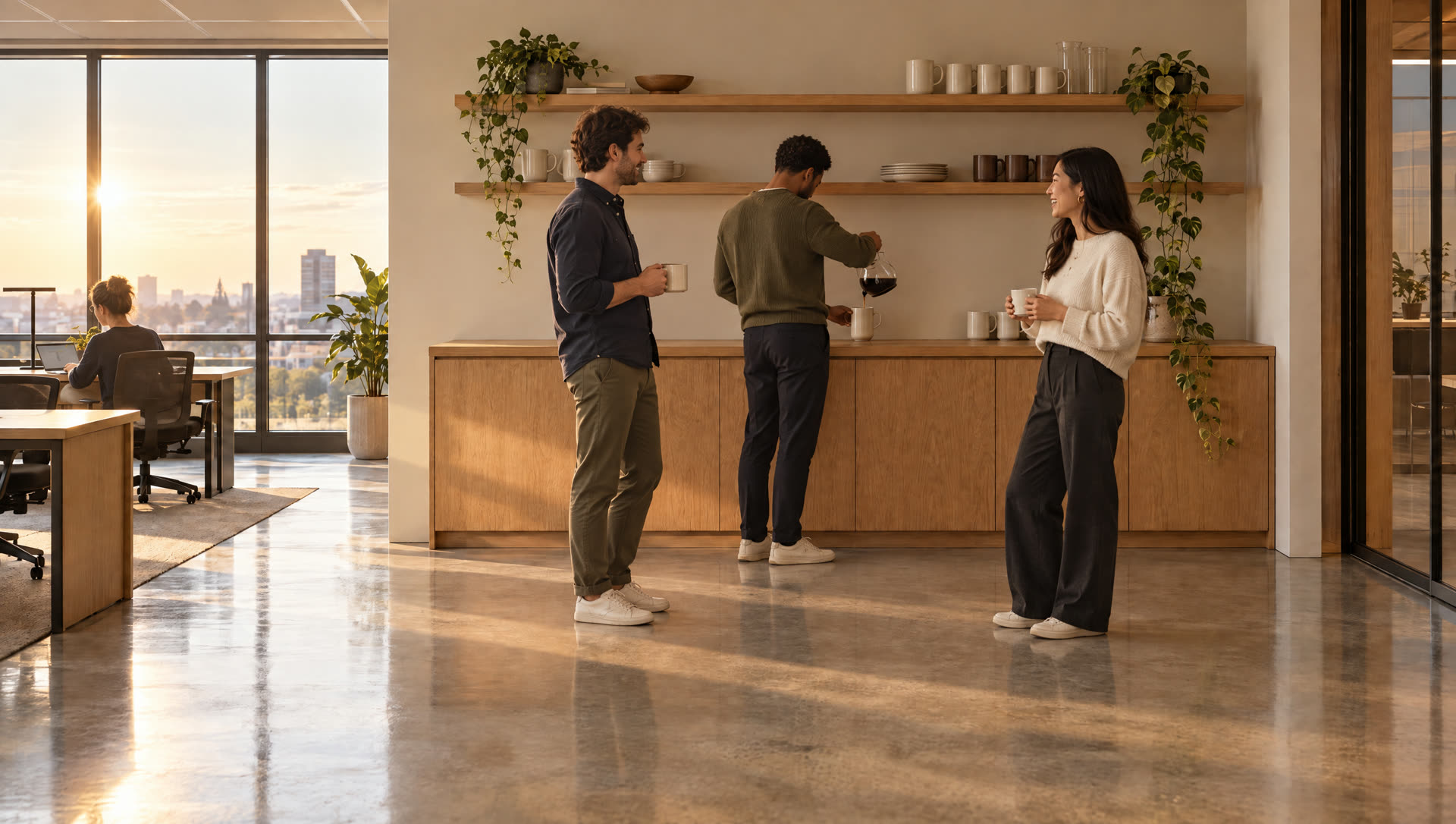 Three colleagues pouring coffee and chatting in the office kitchen